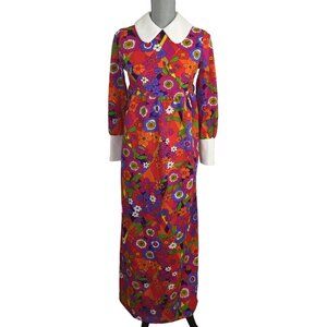 Vintage  70's Flower Power/ Psychedelic Maxi Dress sz S - Red/Pink/Purple